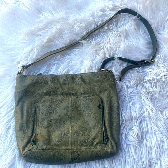 Cabin Creek Olive Green Stamped Leather Shoulder Bag - Picture 2 of 10